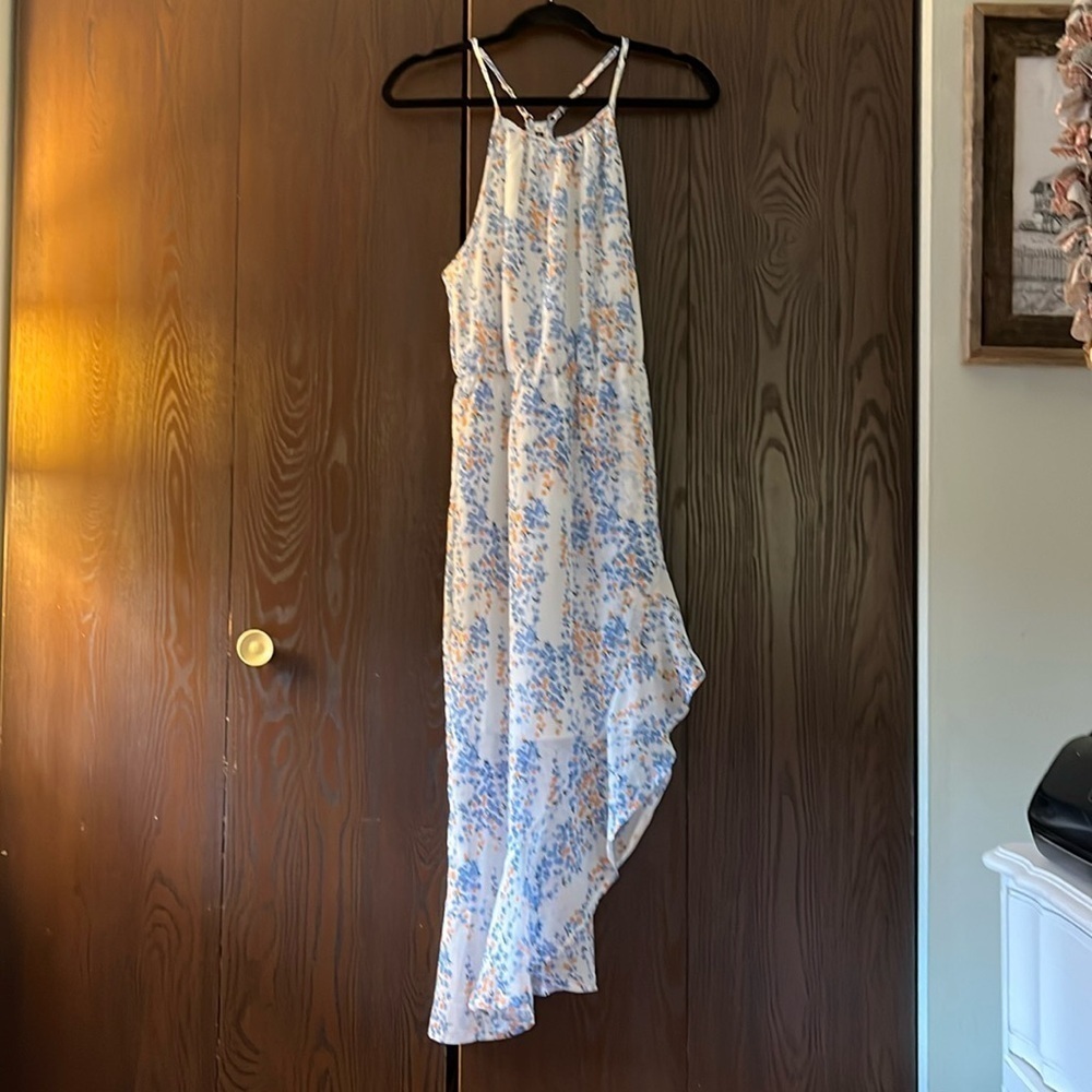 Brovave spaghetti strapped asymmetrical dress. White with blue and peach Med